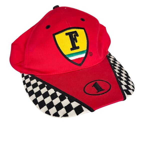 Vintage Ferrari Red Racing Cap Formula 1 Checkered Brim Michael Schumacher 58cm - Picture 1 of 5